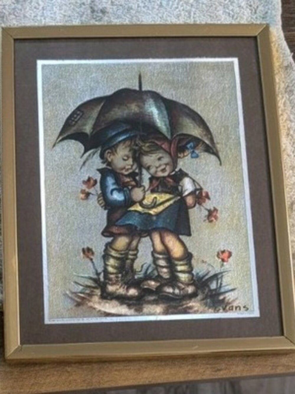 Vintage 1980 Scafa-Tornabene Foil Art Print Evans Rain Kids Hummel Style Framed